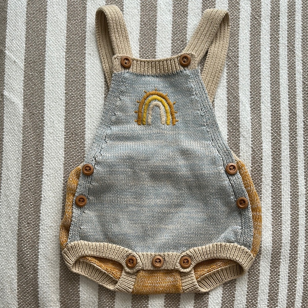 Wild Wawa Gray and Tan Overall Romper with stitched Rainbow